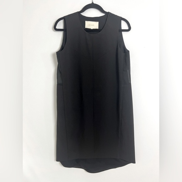 Aijek Black Minimalist Sheer Panel Sleeveless Hi-Lo Hem Knee Length Shift Dress - Picture 8 of 13